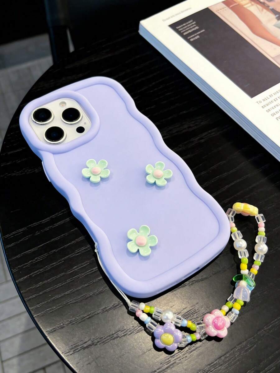 1个可爱紫色波浪边3D立体花朵手机壳，配有3D立体花朵串珠链，防震、防滑、防刮，兼容苹果17 Pro Max、17/16/15/14/13/12/11系列、S20-S25系列、Note 14/13/12系列和A56 5G，是情人节/新年礼物的完美之选。