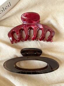 2个/1个超大号11.2厘米/4.41英寸女士红/棕色亮面轻便塑料发夹，时尚百搭优雅简约纯色发爪，适合日常休闲、派对、通勤、海滩、丸子头、马尾辫、洗脸、化妆、夏季服装配饰 - 彩色 - 查看 4