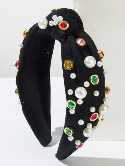 1 chiếc băng đô thời trang Hàn Quốc mùa hè mới, thiết kế tối giản với ngọc trai lớn nhỏ và đá pha lê, phù hợp cho nữ giới sử dụng hàng ngày, màu đen.