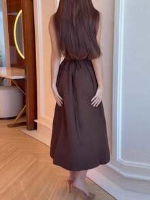 Women Elegant Sleeveless Solid Color Midi Dress Summer - 咖啡棕 - 查看 3