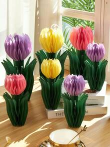 3pcs Tulip Flower Center Decorations, Paper Tulip Honeycomb Decor, Spring Home Decor, Pink & Yellow Flowers, Suitable For Office, Garden Party, Dining Table Center, Mother's Day, Spring Hanging Decor - Multicolor - View 10
