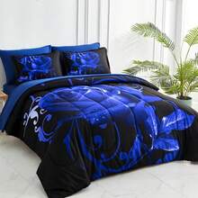 7 Pieces Blue Comforter Set Queen King Size , Rose Pattern Bed In A Bag, Lightweight Soft Microfiber Bedding Sets With Comforter, Flat Sheet, Fitted Sheet, Pillowcases Home Decor Room Decor Bedroom Decor Bed Comforter Set Mothers Day Gift Wedding Decorations. - 藍色 - 查看 9