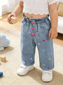 全新不对称心形刺绣休闲日常百搭牛仔裤，适合女婴 - 藍色 - 查看 3