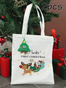 1pc/2pcs Customized Canvas Tote Bag, Personalized Christmas Gift, Custom Christmas Handbag, Customizable Shopping Bag, Girls Handbag, Shoulder Bag - Style B - View 11
