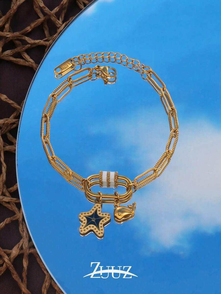 1 Stück Mode Papierklammer Edelstahl elliptische Schnalle Armband Delfin Seestern Charm Armband für Frauen Ozean Anhänger Kette Armband für tägliche Dekoration Geschenke für beste Freundin - Armband - Übersicht 1
