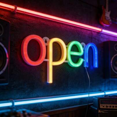 1 đèn LED chữ cái hình chữ mở, đèn neon trang trí tường, đèn nhiều màu sắc, dùng pin/USB, thích hợp cho phòng chơi game, quán bar, nhà cửa, tiệc tùng, phòng ngủ, phòng khách, trang trí cửa sổ cửa hàng.