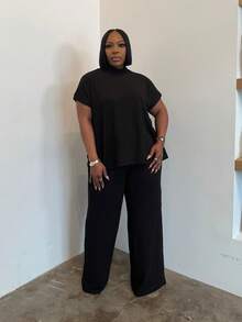 2pcs Plus Size Black Ribbed Turtleneck Top And Wide Leg Pants Set Elegant Summer - Black - View 1