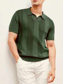 Men's Casual Summer Polo Top With Stripes And Patchwork Knit, Men's Summer Polo Top, Solid Color Short Sleeve Knit Sweater For Men, Summer Fashion - 墨綠色 - 查看 1