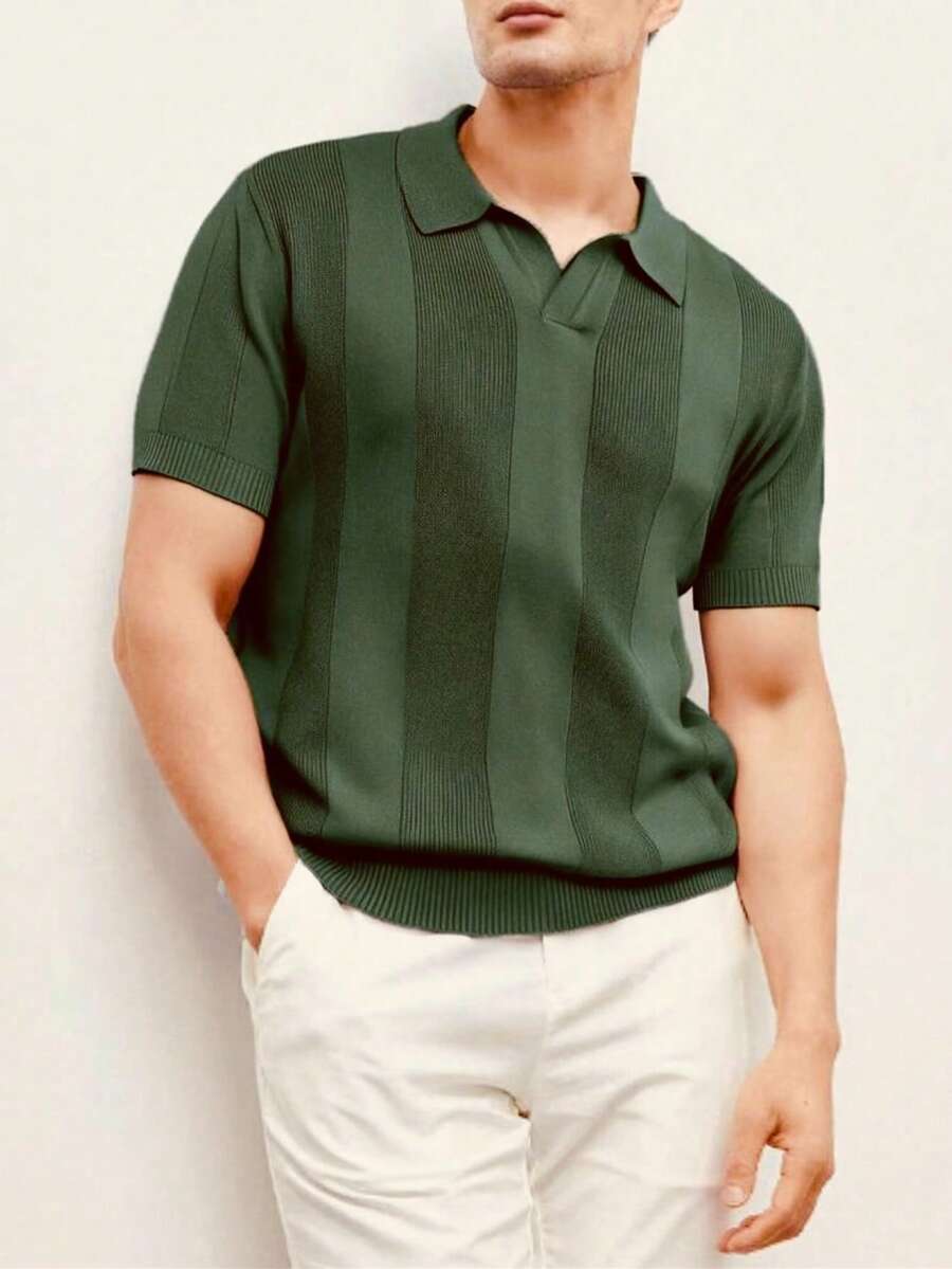 Men's Casual Summer Polo Top With Stripes And Patchwork Knit, Men's Summer Polo Top, Solid Color Short Sleeve Knit Sweater For Men, Summer Fashion - 墨綠色 - 查看 1
