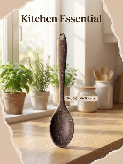 1个硅胶搅拌勺（咖啡色、灰色、黑色）：材质柔软不刮伤，易于清洗。可用于搅拌沙拉、混合烘焙食材和搅拌日常汤品。是轻度烹饪和烘焙的理想工具，厨房必备佳品。