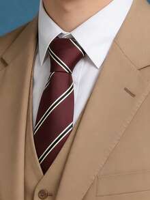 1条男士酒红色条纹领带，休闲简约百搭 - 彩色 - 查看 1