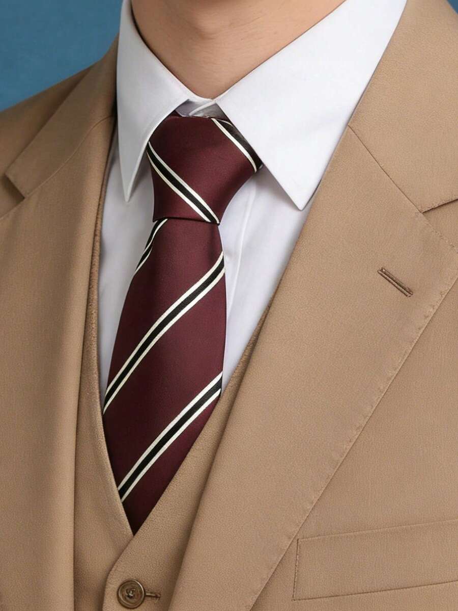 1条男士酒红色条纹领带，休闲简约百搭 - 彩色 - 查看 1