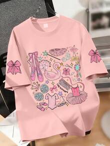 Áo thun cổ tròn in hình nơ họa tiết ba lê cho bé gái, chất liệu mềm mại, thoải mái cho mùa hè. - Hồng - Xem 1