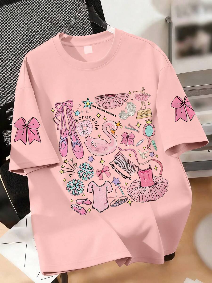 Áo thun cổ tròn in hình nơ họa tiết ba lê cho bé gái, chất liệu mềm mại, thoải mái cho mùa hè. - Hồng - Xem 1