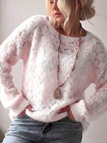 女士宽松镂空轻薄圆领套头毛衣，适合办公室通勤，百搭显瘦，春夏针织上衣 - 粉色 - 查看 1