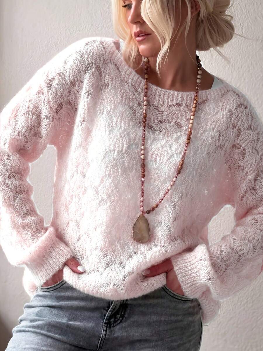 女士宽松镂空轻薄圆领套头毛衣，适合办公室通勤，百搭显瘦，春夏针织上衣 - 粉色 - 查看 1