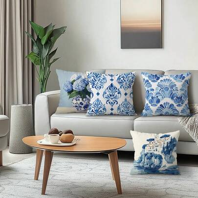 Bộ 4 vỏ gối trang trí in họa tiết hoa màu xanh hải quân, chất liệu nhung màu đào, 100% polyester, thích hợp cho phòng khách, ghế sofa, phòng ngủ - Phong cách trang trí đa năng, không kèm ruột gối, kích thước 40x40cm/45x45cm/50x50cm