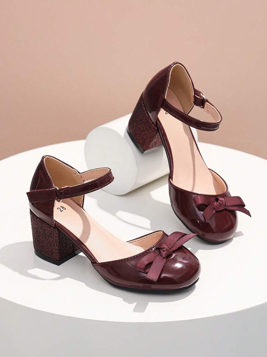 1 Pair Girls' Sequin Chunky Heel Bow Decor Princess Style Performance High Heels, Suitable For All Seasons - Burgundy - View 1