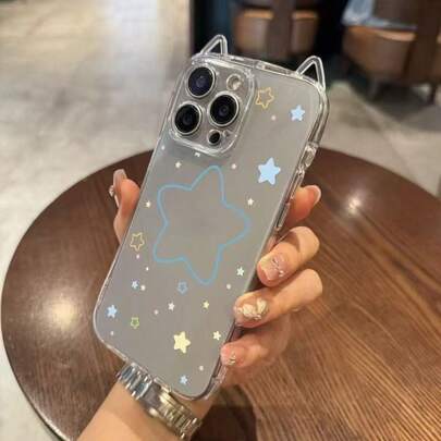 1pc Animal Cat Ear Blue Star Phone Case Compatible With Apple 17/16/17 Pro Max/14/13/15 Pro, Cute Cartoon 12/11 16 Pro Max