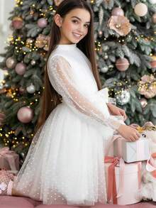 少女黑色波点网纱袖蝴蝶结腰身优雅圣诞派对礼服，公主裙，适合女孩生日派对、宴会、婚礼花童、节日庆典等场合 - 白色 - 查看 4