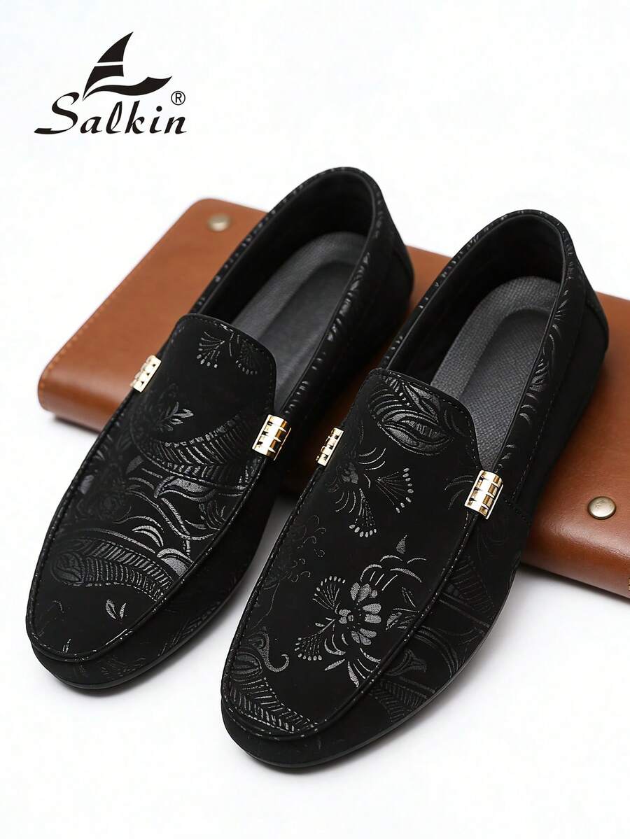 Salkin 男士设计师款莫卡辛鞋，奢华佩斯利花纹绒面革乐福鞋，柔软皮革商务休闲鞋，适合办公室、婚礼、派对、约会、节日礼物、休闲和运动场合。建议选购大一码。