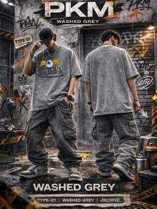Men Gray Washed Streetwear Brand Street 100 Percent Cotton Oversized T Shirt Eye With Wings And Vons Dutchs Text Casual Outfit For Daily Wear Urban Fashion | Vintage Heavyweight T Shirt | Perfect Gift | Loose Comfortable Breathable | Machine Washable Fabric | Hip Hop Cool Style | Drippy Clothes | Y2K - Xám - Xem 2