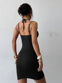 Vestido de verano de cuello cuadrado y espalda descubierta de unicolor, por favor, haga el pedido de acuerdo con la tabla de tallas para boda, negro, primavera, fiesta - Negro - Ver 4