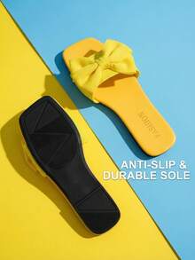1 Đôi dép xăng đan đế bằng một quai, mũi vuông, chống trượt, đính nơ, chất liệu PVC dành cho nữ, kiểu dáng ngọt ngào, thích hợp cho kỳ nghỉ biển và mặc hàng ngày, trang phục mùa hè. - Màu vàng - Xem 6
