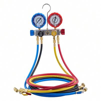 AC Manifold Gauge Set For R22 R404A R410A R12 Refrigerants 4 Way AC Gauges With 5 Ft Hoses For Automotive And Household Air Conditioning Maintenance Evacuation Vacuuming Charging And Recovery