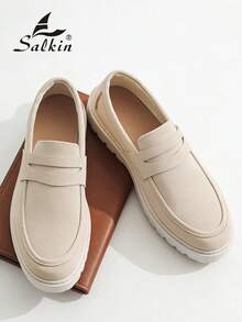 Salkin 奢華設計師男士便錢樂福鞋，正品品牌，純色啞光皮革鞋面，休閒男鞋，適合現代生活的平價奢華，柔軟舒適防滑耐磨鞋底，時尚優雅紳士社交鞋，百搭西裝、學生畢業典禮、大學風格、運動鞋、派對、宴會、節日禮物，春夏秋季男鞋 - 米色 - 查看 8