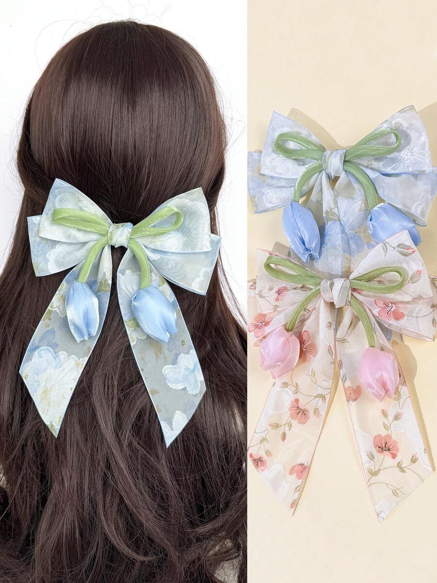 1 Stück Süße Mode Blumen Mesh Tulpe Blume Haarspange für Frauen, vielseitig minimalistischer eleganter Haarschmuck mit Schleife, geeignet für tägliche Fahrten, Festivals, Partys, Geburtstage, Reisen, Fotografie, jede Gelegenheit, tolles Geschenk für die beste Freundin, Haarklammern, Sommer, Feiertage, Party - Verschiedenfarbig - Übersicht 1