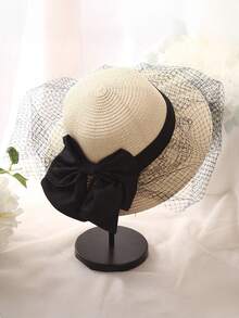 1 chiếc mũ rơm đan thủ công với ruy băng satin đen và lưới, vành rộng thoáng khí, thích hợp cho đám cưới và tiệc ngoài trời. - 1PC - Xem 9