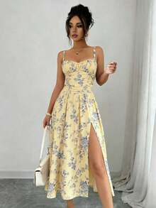 Floral Print Bohemian High Slit Zipper Front Dress, Suitable For Weddings, Spring/Summer Vacation Elegant - Vàng nhạt - Xem 1