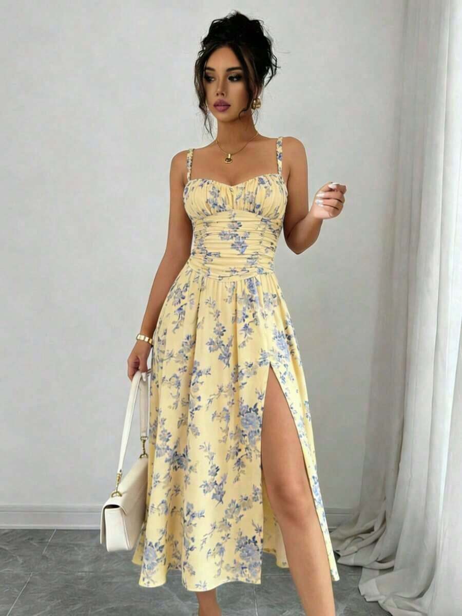 Floral Print Bohemian High Slit Zipper Front Dress, Suitable For Weddings, Spring/Summer Vacation Elegant - Vàng nhạt - Xem 1