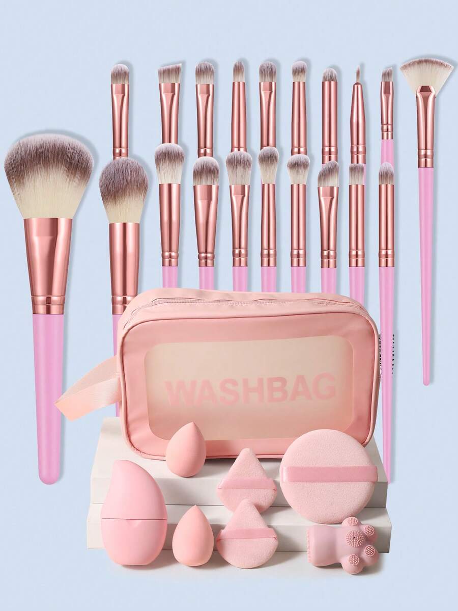28PCS Makeup Tools Set Including:20PCS Makeup Brush Set+1pc Multi-Functional Zipper Toiletry And Cosmetic Bag Waterproof+1pc Facial Ice Compress+2PCS Makeup Sponges+2PCS Triangle Powder Puffs+1pc Circular Powder Puffs+1 Pc Silicone Cat Paw Face Brush,All-In-One & Beginner-Friendly | Travel-Ready & Gift-Ready | Perfect For Newbies/Her - Pink - View 1