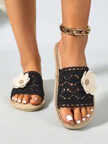 2026 Floral Decor Open Toe Flat Soft Bottom Slide Sandals, All Season - Black - View 5