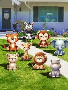 4 pièces/set Panneaux de jardin en PVC avec motifs d'animaux de la jungle - Décoration extérieure réutilisable en échafaudage, Décorations de fête d'anniversaire, baby shower et fête à thème animaux de la jungle (singe, lion, zèbre), Décoration de jardin, pelouse, patio et cour, Cadeaux de fête - animal - Voir 1