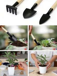 Kisangel 3pcs Mini Garden Tool Set, Includes Transplanting Trowel, Rake And Shovel, Wooden Handle Gardening Tools For Planting And Transplanting - Three-piece Pack - View 1