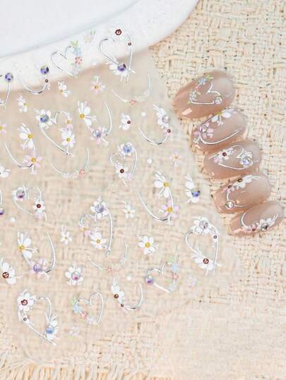 1 miếng dán móng tay hình hoa cúc trái tim viền bạc, đính đá lấp lánh, phong cách Ins tươi trẻ, phụ kiện móng tay ngọt ngào cho các cô gái.