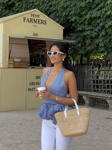 女士夏季优雅休闲时尚蓝色格纹露背吊带蝴蝶结上衣，适合派对、海滩度假和日常穿着 - 藍色 - 查看 1