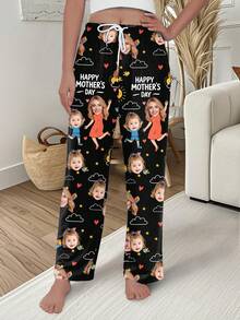 Customized Women's Face & Pet Print Pajama Pants, Comfortable Home Wear, Holiday Atmosphere, Mother's Day Gift - Multicolor - View 3