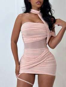 Sexy Mesh Splicing Cross Wrap Ruched Bodycon Mini Dress - Solid Color Strappy Leg Detail Party Dress Summer Vacation Outfits Vestidos Elegantes De Mujer - Hồng - Xem 2