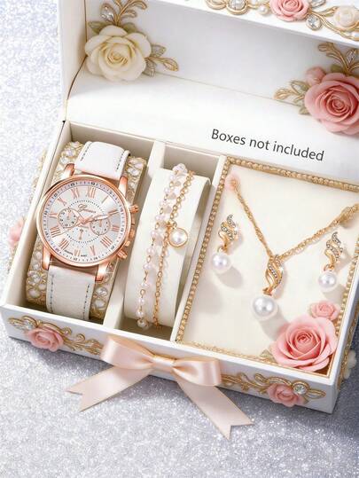 1 Set de reloj de mujer con esfera en forma de corazón elegante de cuarzo, emparejado con un collar de perlas falsas, aretes y pulsera, adecuado para uso diario, regalo de cumpleaños, fiesta, reunión festiva, regalo ideal para ti o tus amigos. Sin empaque incluido.