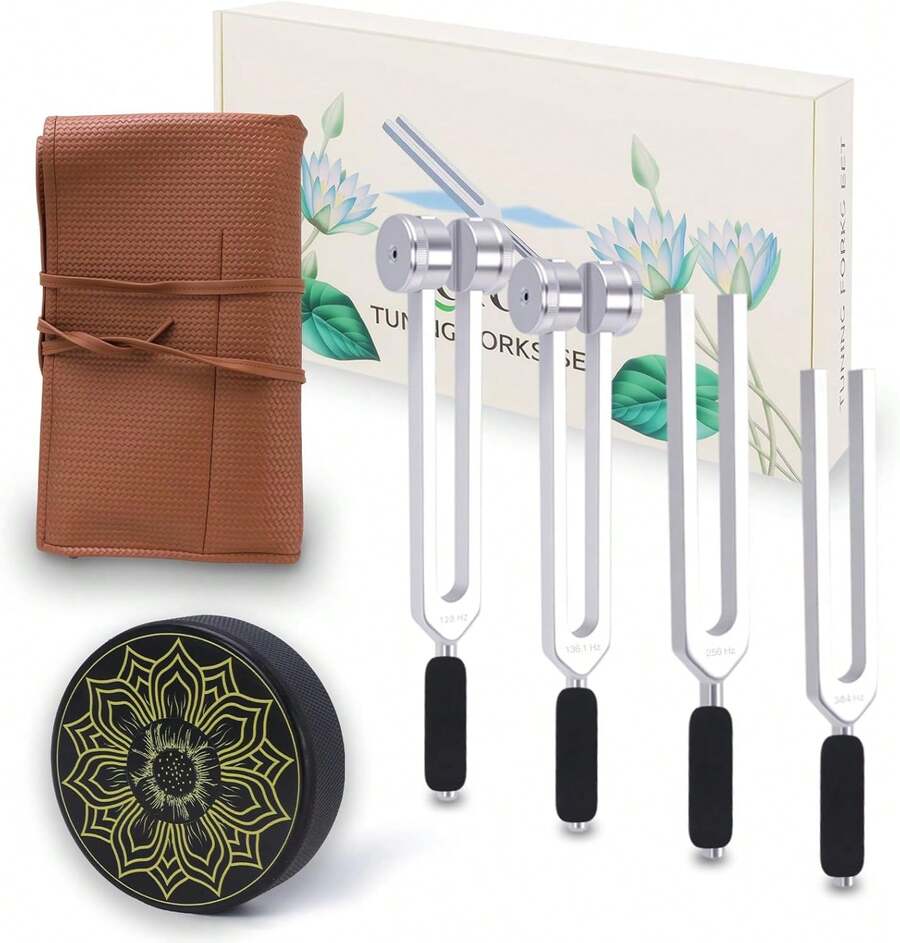 Tuning Forks – Weighted 128Hz 136.1Hz 256Hz 384Hz With Activator, Crystal & Leather Pouch – Tools For Sound Support - Silver - View 1