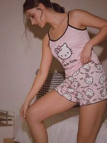 2026 女士两件套三丽鸥Hello Kitty睡衣套装，夏季短裤+上衣家居服套装，春夏女士Hello Kitty睡裤套装，包含吊带背心和裤子，两件套吊带背心套装，睡衣 - 杏色 - 查看 6