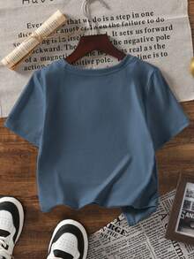 1件女童休闲短袖“海岸风情日落”沙滩图案印花圆领T恤 - 藍色 - 查看 4