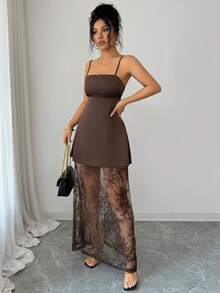 Lily House 女士修身吊带方领蕾丝边 A 字棕色长连衣裙，一款百搭的夏季连衣裙，适合休闲和晚间场合，包括度假、派对和办公室通勤。 - 棕色 - 查看 1