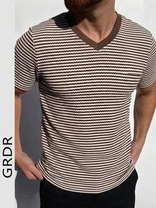 GRDR Men's Summer Striped V-Neck Short Sleeve T-Shirt, Minimalist Fashion Casual Outfit - Brown - View 3