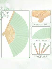 1/5/8pcs Plain Bamboo Folding Fans, Portable Hand Held Small Fans For Travel, Outdoor, Hiking, Daily Life, Gifts For Family, Friends, Couples (Paper Fan + Organza Bag),Summer,Holiday - Light Green - View 3