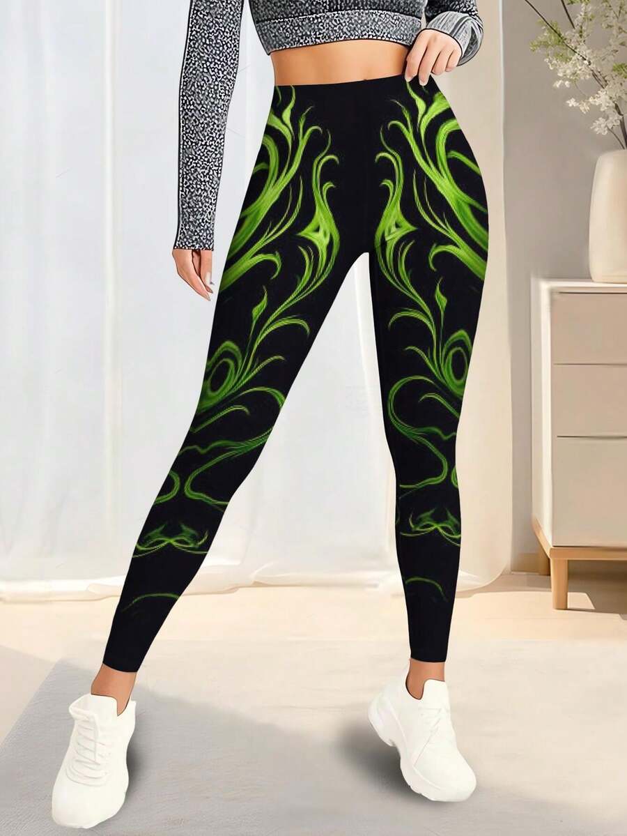Women's High Waisted Yoga Pants Black Leggings - Green Flame Print Workout Leggings  Butter Soft Running Tights For Gym  Dance  Pilates - Comfortable Stretch Fabric Leggings - Unique Graphic Design Activewear - Nhiều màu - Xem 1